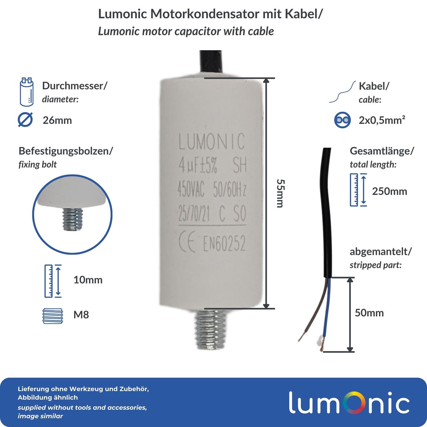 Lumonic Anlaufkondensator 4µF 450V | mit Stecker I 26x55mm I 4uF I Motorkondensator mit Kunststoffgehäuse I Betriebskondensator I für Pumpen, Rasenmäher, Werkzeuge Lumonic Anlaufkondensator 4µF 450V | mit Stecker I 26x55mm I 4uF I Motorkondensator mit Kunststoffgehäuse I Betriebskondensator I für Pumpen, Rasenmäher, Werkzeuge