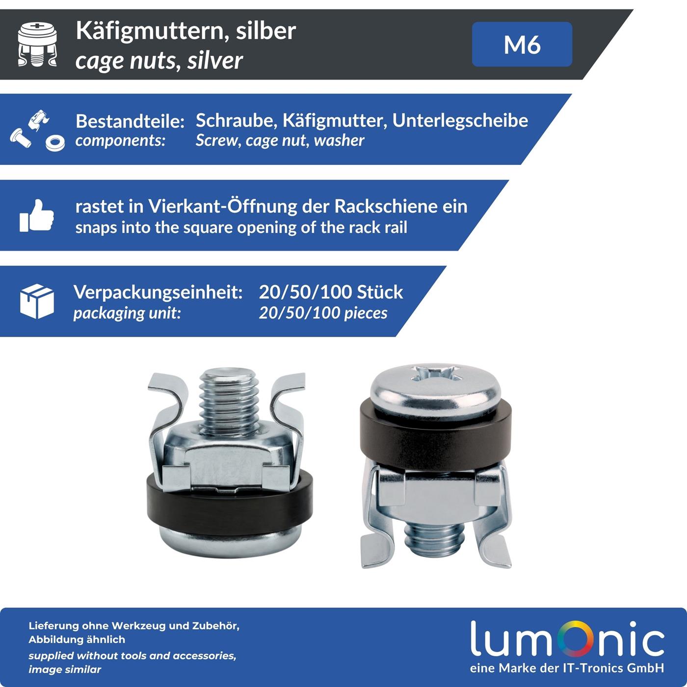 20-100x Käfigmuttern M6 Komplett-Set Rack Schrauben mit Kratzschutz-Scheibe für