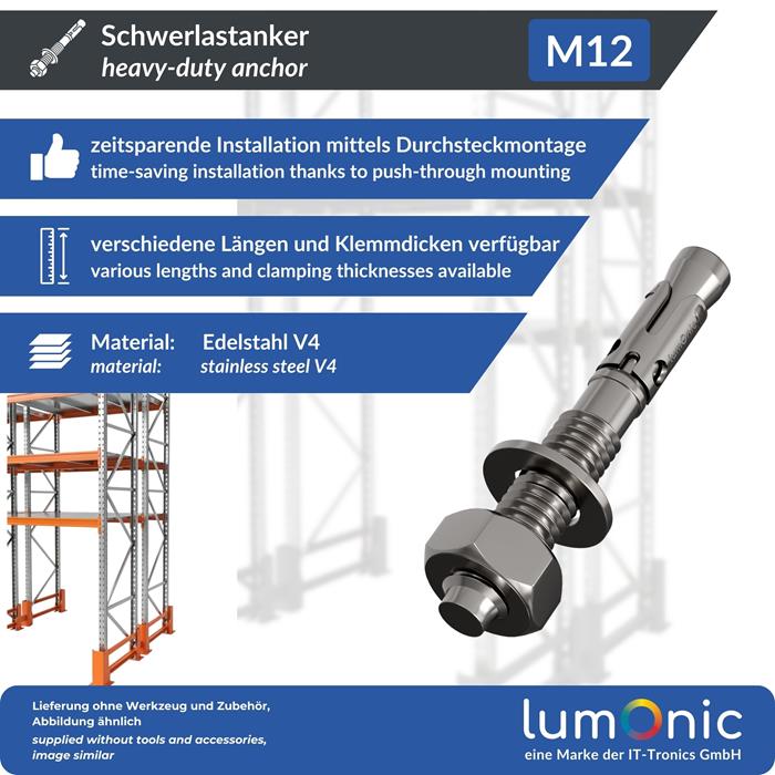 M12 x 110mm Heavy duty anchor Stainless steel A4 Metal dowels Wedge anchor Lightning dowel